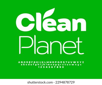 Vector eco Emblem Clean Planet. Stylish white Font. Modern artistic Alphabet Letters and Numbers