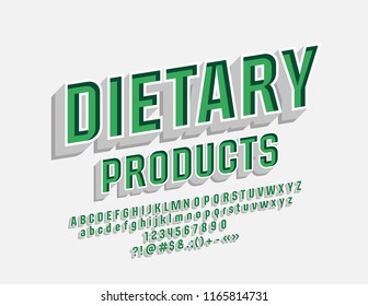 Vector Eco Emblem Dietary Products With 3D Font. Green And White Alphabet Letters, Numbers And Symbols.