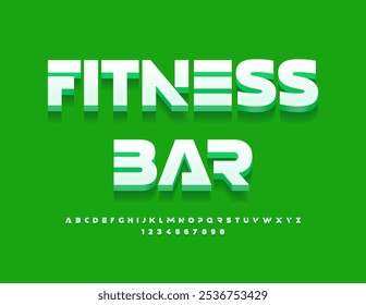 Vector eco emblem Fitness Bar. Futuristic White Font. Modern Alphabet Letters and Numbers set.
