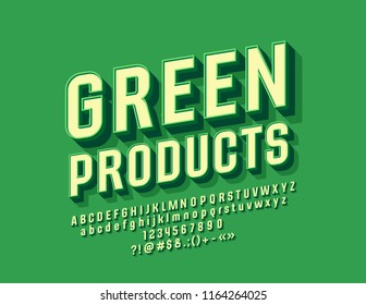 Vector Eco Emblem Green Products with Font. 3D beveled Alphabet Letters Set.