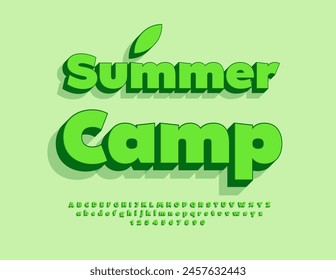 Vector eco Emblem Summer Camp. Fuente 3D verde. Conjunto de letras y números de alfabeto creativo brillante.