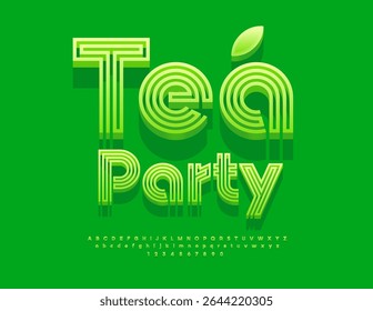 Vector Eco emblem Tea Party. Unique Green Font. Trendy Cool Alphabet Letters and Numbers set.