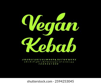 Vector Eco emblem Vegan Kebab. Beautiful Calligraphic Green Font. Trendy Cursive Alphabet Letters and Numbers set.