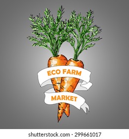 Vector eco farm market emblem design with hand drawn carrots. 