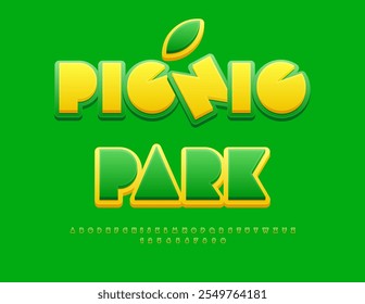 Vector eco flyer Picnic Park. Fuente verde y amarilla moderna. Conjunto de letras y números de alfabeto de estilo Abstractas.