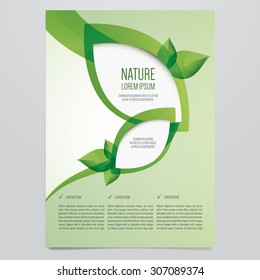 Vector eco flyer, poster, brochure, magazine cover template. Modern green leaf, environment design.