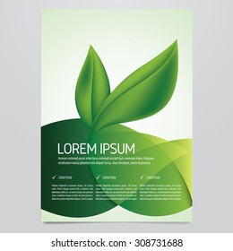 Vector eco flyer, poster, brochure, magazine cover template. Modern green leaf, environment design.