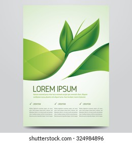 Vector eco flyer, poster, brochure, magazine cover template. Modern green leaf, environment design.