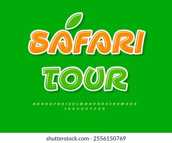 Vector eco flyer Safari Tour. Glossy Green Font. Artistic Alphabet Letters and Numbers set. 