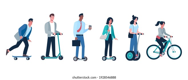 Vector Eco friendly alternative vehicles set. People, men and women ride modern electric scooter, gyroboard, skateboard, bicycle, 