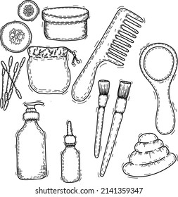 Vector eco friendly bathrooms accessories outline doodle style 
