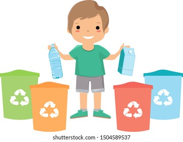 Ilustración ecológica de vectores sobre la clasificación de basura. Un niño pequeño con una sonrisa sosteniendo una botella de plástico y un paquete de cartón aislado sobre fondo blanco. Vertederos o papeleras con signo de reciclaje