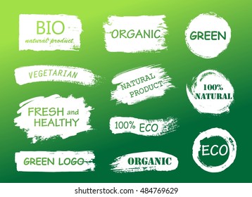 Vector eco green organic bio logos, labels, stickers, badges.Healthy food signs. Raw, vegetarian food stamps.Organic tags and design elements for products packaging.