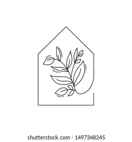 Vector eco house icon with leaves. logo template in black color isolated on white background. Doodle style. Design print poster, symbol decor