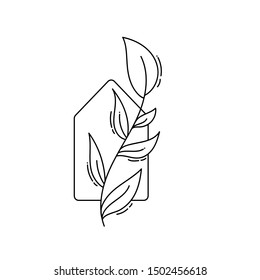 Vector eco house icon with leaves. logo template in black color isolated on white background. Doodle style. Design print poster, symbol decor