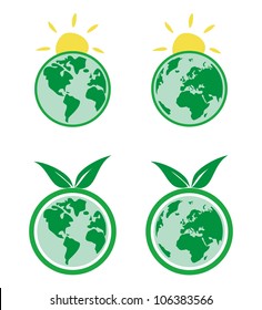 Vector eco icons. World globe isolated on white background with North and South America, Greenland, Africa, Europe and Asia. Planet Earth symbol or logo with green leaf or yellow sun for web design