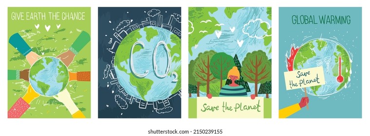 Vector eco illustration cards for social poster, banner or card of saving the planet, human hands protect our earth.