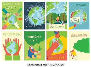 Tarjetas de ilustración ecológicas vectoriales para afiches sociales, banner o tarjeta de salvar el planeta, las manos humanas protegen nuestra tierra.