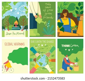 Vector eco illustration cards for social poster, banner or card of saving the planet, human hands protect our earth.