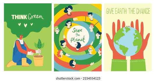 Vector eco illustration cards for social poster, banner or card of saving the planet, human hands protect our earth.