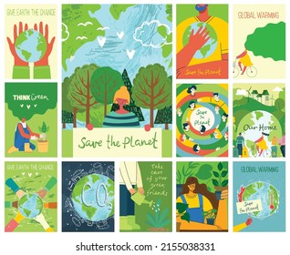 Vector eco illustration cards for social poster, banner or card of saving the planet, human hands protect our earth.