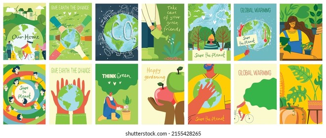 Tarjetas de ilustración ecológicas vectoriales para afiches sociales, banner o tarjeta de salvar el planeta, las manos humanas protegen nuestra tierra.