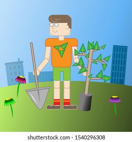 Vector eco illustration with cartoon men with shovel and seedling