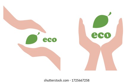 Ilustración ecológica vectorial: manos y hojas verdes