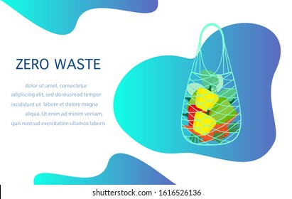 Vector Eco illustration Reusable bags. Use ecological string bags, food. Zero Waste Management concept. Choosing eco friendly lifestyle, using reusable products Design for landing page, website, print