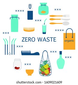 Vector Eco illustration Use ecological reusable bags, cocktail straws, string bag  Zero Waste Management concept Choosing eco friendly lifestyle, using reusable products Design for website, print