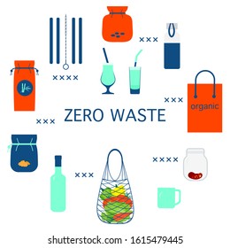 Vector Eco illustration Use ecological reusable bags, cocktail straws, string bag  Zero Waste Management concept Choosing eco friendly lifestyle, using reusable products Design for website, print