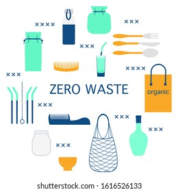 Vector Eco illustration Use ecological reusable bags, cocktail straws, string bag  Zero Waste Management concept Choosing eco friendly lifestyle, using reusable products Design for website, print