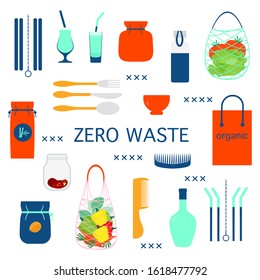 Vector Eco illustration Use ecological reusable bags, cocktail straws, string bag  Zero Waste Management concept Choosing eco friendly lifestyle, using reusable products Design for website, print