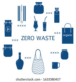 Vector Eco illustration Use ecological reusable bags, cocktail straws, string bag  Zero Waste Management concept Choosing eco friendly lifestyle, using reusable products Design for website, print