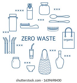 Vector Eco illustration Use ecological reusable bags, cocktail straws, string bag  Zero Waste Management concept Choosing eco friendly lifestyle, using reusable products Design for website, print