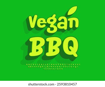 Vector eco label Vegan BBQ. Bright Funny Font. Isometric Green Alphabet Letters and Numbers set.