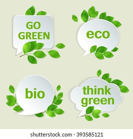 Vector eco labels with green leaves and inscriptions. 