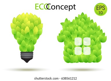 Vector eco lamp and Green House. Lightbulb and house illustration from green leaves. Eco concept