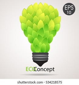 Vector eco lamp. Lightbulb from green leaves. Eco concept