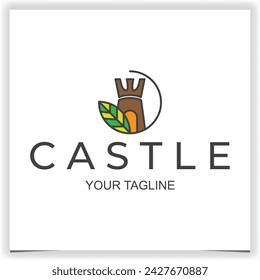 Diseño de logotipo de torre de castillo de hoja ecológica vectorial