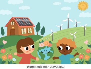 Vector eco life scene with cute kids. Horizontal card template with ecological landscape. Green city illustration with forest, children, plants. Earth day or nature protection banner
