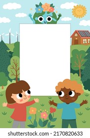 Vector eco life scene with cute kids. Vertical card template with ecological landscape. Green city illustration with forest, children, plants. Earth day or nature protection banner
