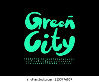 Vector eco logo Green City. Handwritten Green Font. Artistic Alphabet Letters and Numbers