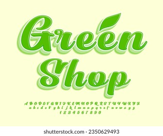 Vector eco logo Green Shop with decorative Leaf. Elegant 3D Font. Cursive Alphabet Letters and Numbers set