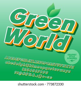 Logo de Vector Eco Mundo Verde. Letras, símbolos y números alfabetos inclinados con sombra. El tipo de letra contiene el estilo gráfico
