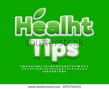 Vector eco logo Healthy Tips. Creative White and Green Font. Modern Alphabet Letters and Numbers set.