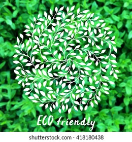 Vector ECO logo, leaves laurel label. Hand drawn plants elements. Circle, branches sign. Blurred rural background. 