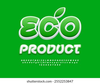 Vetor eco logo Eco Produto. Fonte artística brilhante. Letras e Números de Letra Maiúscula Branca e Verde definidos.