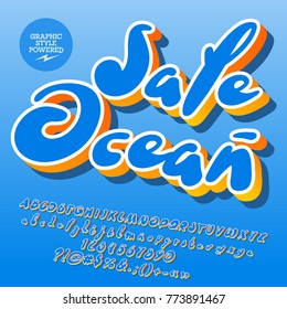 Vector eco logo Safe Ocean. Inclined Alphabet Letters, Symbols and Numbers with shadow. Blue Font contains Graphic style.