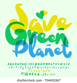 Vector Eco Logo Save Green Planet. Set Of Bright Watercolor Letters, Numbers And Symbols